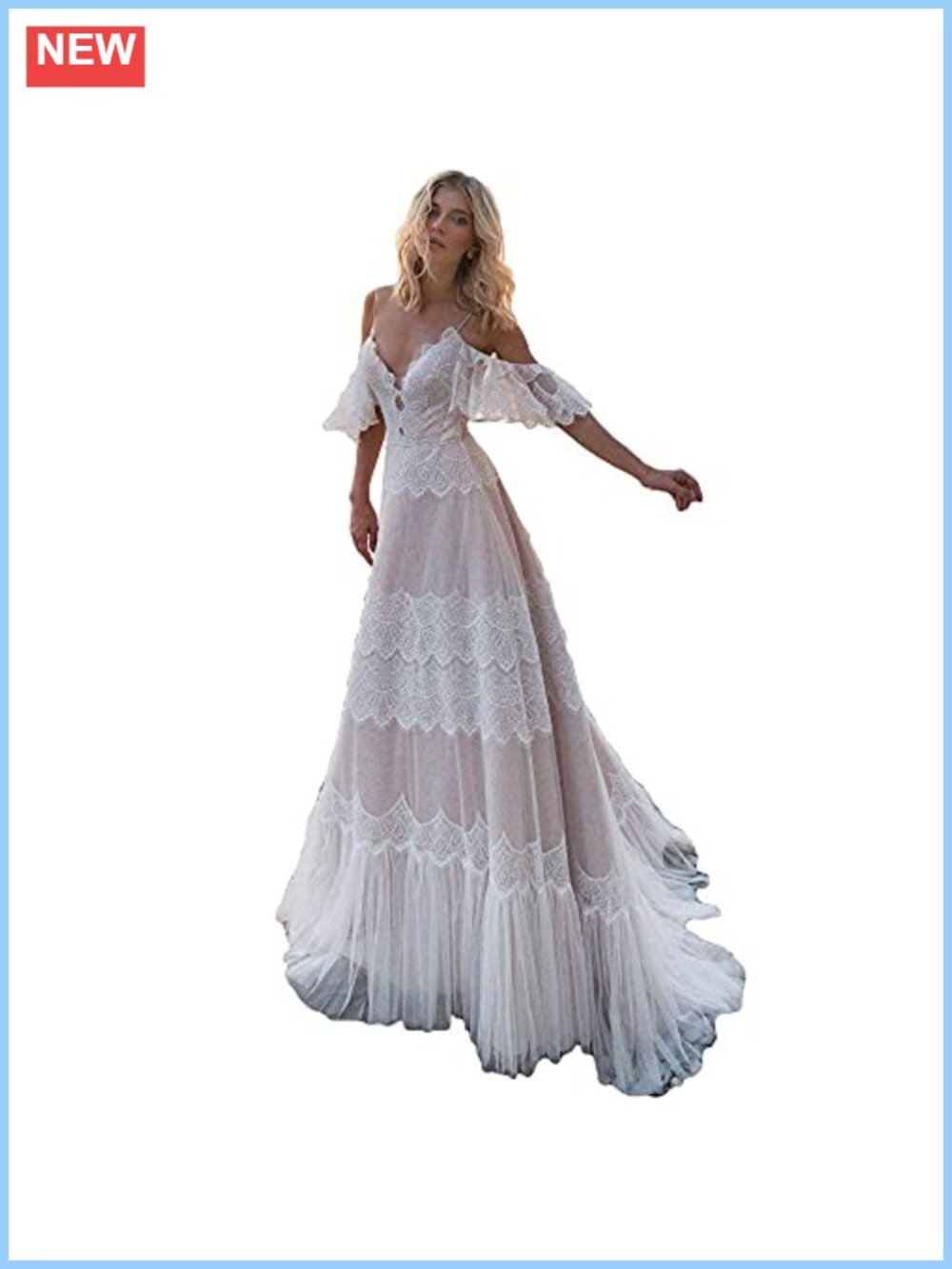 Lace Wedding Dress V Neck Ruffle Sleeves Beachy Boho Bridal Gown